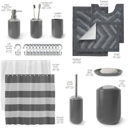 Clara Clark Bathroom Accessories Set - 23PC Shower Curtain Set with Bathroom Trash Can, Grey Bathroom Set, Bathroom Sets with Shower Curtain and Grey Rugs