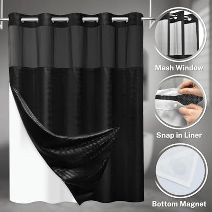 SORTTO No Hook Waffle Shower Curtain with Snap in Liner Set, 54x74, Black