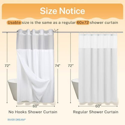 River Dream Heavyweight No Hooks Required Dotted Waffle Weave Shower Curtain with Snap in Liner - 60W x 74L, Hotel Grade, Spa Like Bath Curtain, White