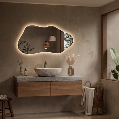 Keonjinn 48 x 24 Inch Asymmetrical Backlit Bathroom Mirror, Tempered Glass