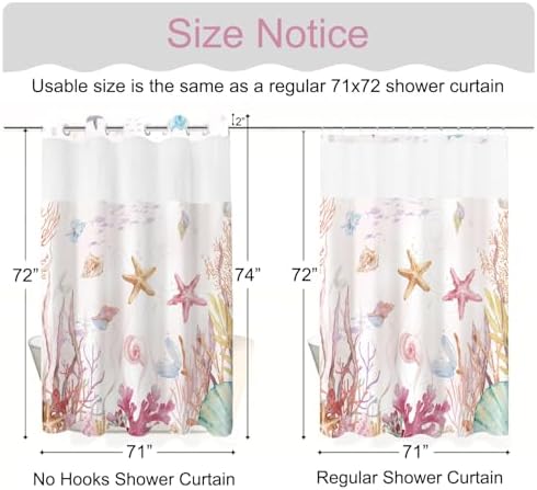 No Hook Shower Curtain and Liner Set, Watercolor Pink Beach Coastal 71x74