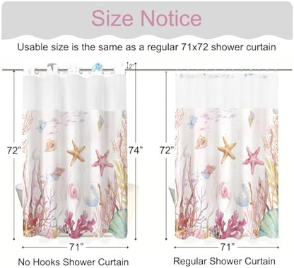 No Hook Shower Curtain and Liner Set, Watercolor Pink Beach Coastal 71x74