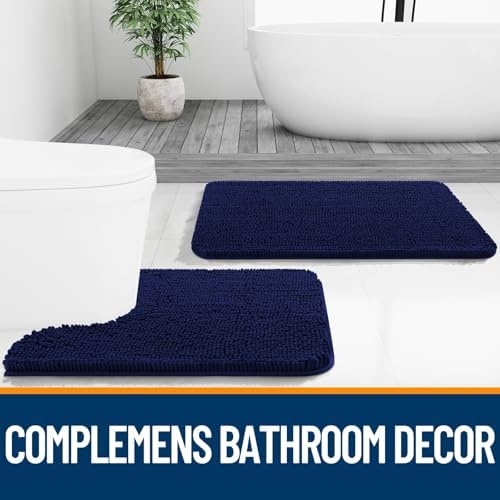 OLANLY Chenille Bathroom Rugs Mats Sets 2 Piece, 47"x20"+24"x20", Navy