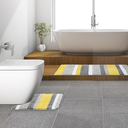 MIULEE Yellow Grey Bathroom Toilet Rugs U-Shaped, Soft Thick Microfiber Striped Contour Rugs, Non Slip Absorbent Fluffy Plush Machine Washble Quick Dry, 24x24 Inch