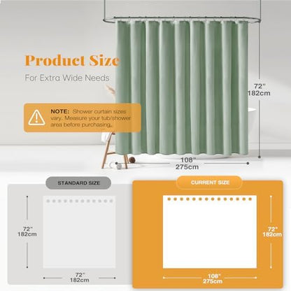 BTTN 108x72 Linen Textured Waterproof Cloth Shower Curtain Set, Sage Green