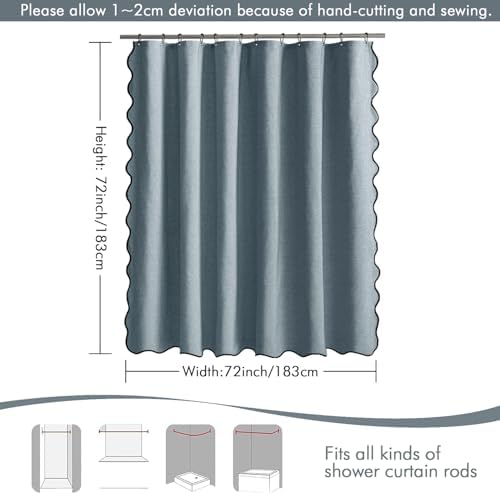 MIULEE Dusty Blue Scalloped Linen Shower Curtain 72x72 Inches