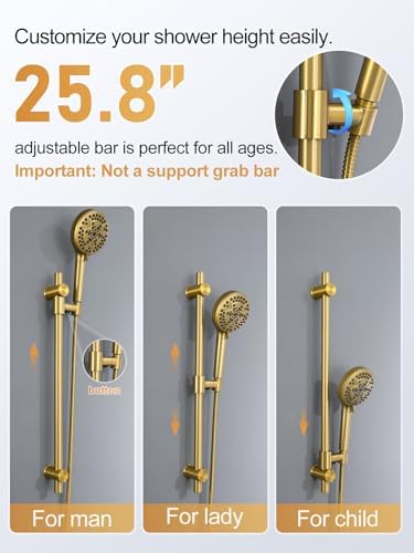 Woindo Shower Faucet Set with Slide Bar, 12" Rain Shower Head/8'' Side Shower Head and 10 Setting Handheld Ceiling Mount 3 Push Button Diverter Complete Rainfall Shower System Included Valve Trim Kit