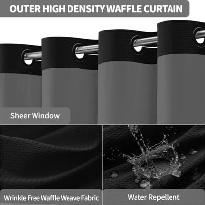 Dynamene Black Hook Free Waffle Shower Curtain & Snap-in Fabric Liner,72x83