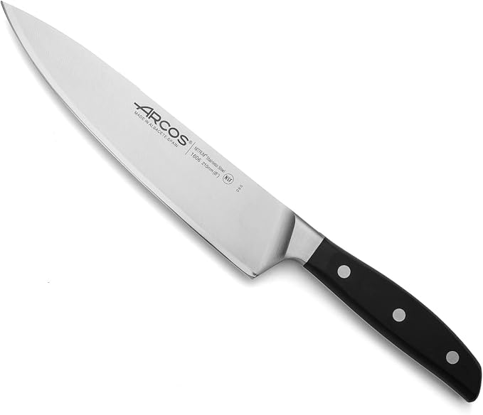 Arcos Forged Chef Knife 8 Inch Stainless Steel. Professional Kitchen Knife for Cooking. Ergonomic Polyoxymethylene Handle and 210mm Blade. Series Manhattan. Color Black
