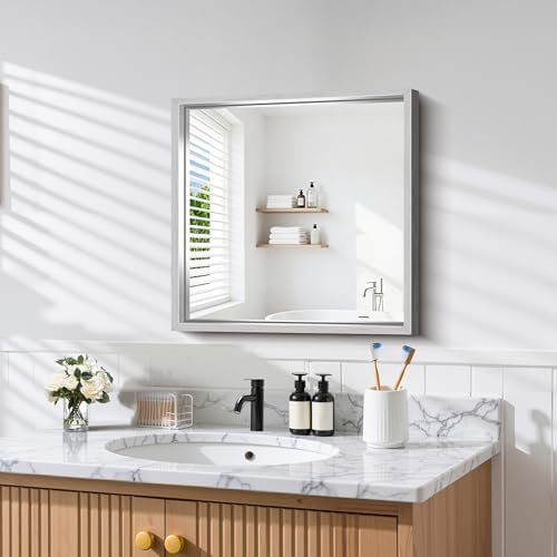CIRCUMI 24"x24" Brushed Silver Bathroom Mirror, Square Mirror for Vanity