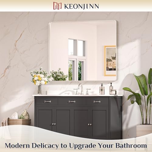 Keonjinn 42 x 36 Inch Brushed Nickel Bathroom Vanity Mirror, Tempered Glass