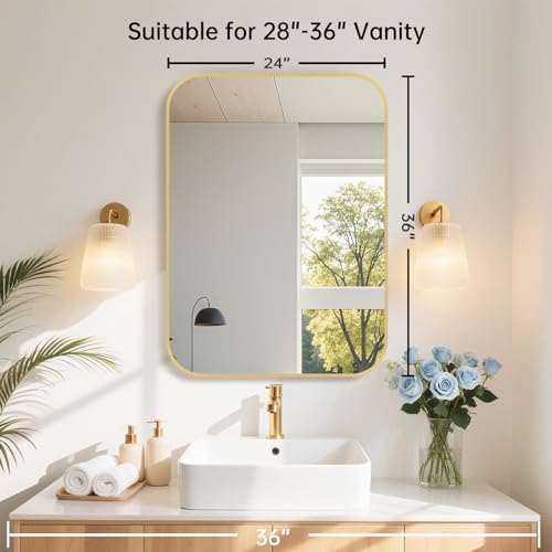 24x36 Inch Gold Bathroom Mirror, Brushed Brass Gold Metal Framed Rectangular Mirror with Rounded Corner, Wall Mounted Vanity Mirror for Bedroom or Living Room, Horizontal/Vertical