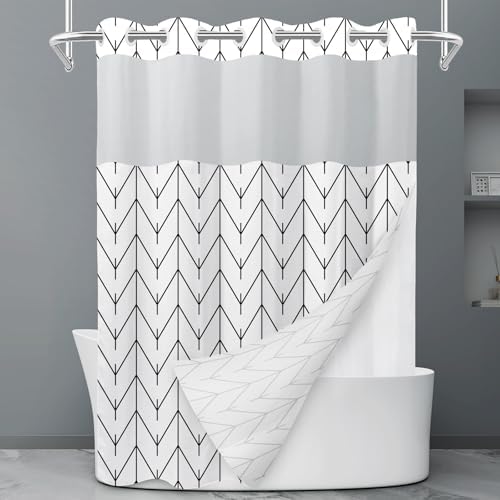 LXBNI Herringbone No Hook Shower Curtain with Liner, Black White 71 x 74