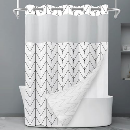 LXBNI Herringbone No Hook Shower Curtain with Liner, Black White 71 x 74