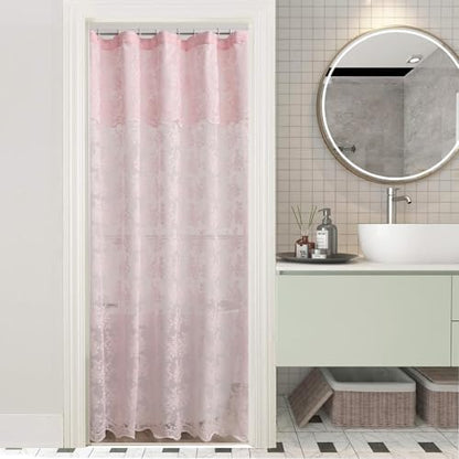 Pink Lace Shower Curtain 36x72, Cute Girly Half Size with Attached Valance