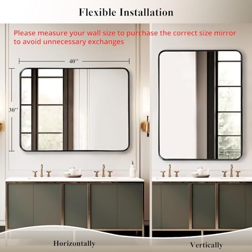 Black Bathroom Vanity Mirror Over Sink 40x30, Large Wall Rectangle Mirror