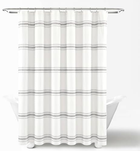 Lush Decor Farmhouse Stripe Cotton Shower Curtain, 72" W x 72" L, Gray - Striped Bathroom Curtain - Fabric Shower Curtains - Farmhouse Bathroom Decor