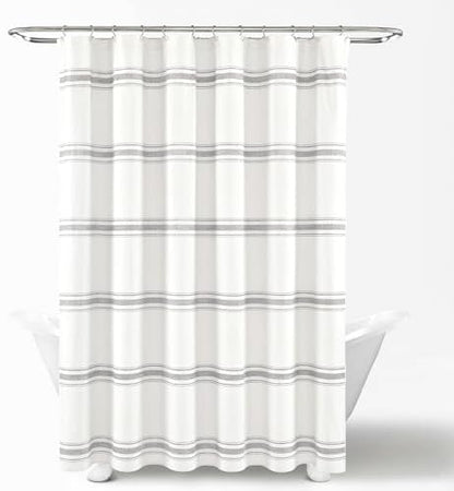 Lush Decor Farmhouse Stripe Cotton Shower Curtain, 72" W x 72" L, Gray - Striped Bathroom Curtain - Fabric Shower Curtains - Farmhouse Bathroom Decor