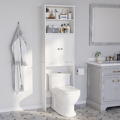 Over the Toilet Storage Cabinet for Bathroom, Extra Tall Over Toilet Storage, Space Saver W/Adjustable Shelf & Open Storage Shelf, 75in, White