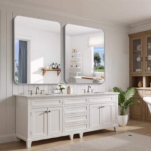 FORBATH 36x48 Inch Silver Bathroom Mirror for Over Sink, Large Rectangular Wall Mirror with Metal Frame, Rounded Corners for Bathroom, Bedroom, Entryway Decor (Horizontal or Vertical)