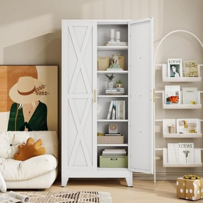 75" Metal Storage Cabinet with 2 Doors and 5 Adjustable Shelves,White Farmhouse Kitchen Pantry Cabinet,Steel Garage Tool Cabinet,File Cabinetfor Home,Office,Dinning Living Room,Warehouse