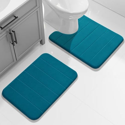 Yimobra Memory Foam Toilet Bath Mat U-Shaped, Soft and Comfortable, Water Absorption, Non-Slip, Thick, Machine Wash and Easier to Dry for Bathroom Commode Contour Rug, 24 X 20 Inches, Peacock Blue