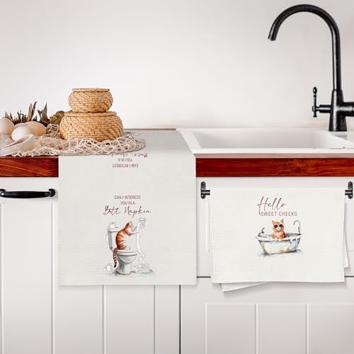 Hello Sweet Cheeks Orange Cat Bathroom Hand Towels, Cat Lover Gifts, Funny Cute Kitten Bathing Decorative Hand Towels for Bathroom Washroom Toilet Restroom, 16x24 Inch Set of 2