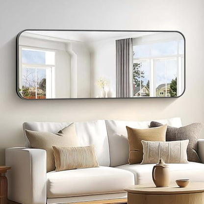 Bathroom Mirror, 60 x 24 inch Metal Framed Black Rectangle Mirror, Rounded Corner Rectangular Vanity Mirror, Large Wall Mounted Mirror for Modern Bedroom Living Room Horizontal or Vertical