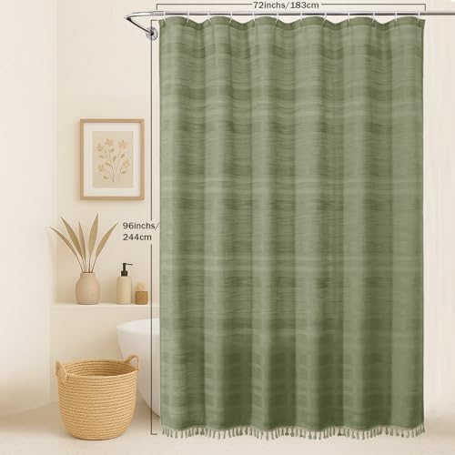 OVZME Extra Long Sage Green Shower Curtain 96 Inch Long, Boho Linen Textured Soft Fabric Heavy Duty Cloth Bathroom Shower Curtain with Tassel, Tall Farmhouse Luxury Bath Decor, 72Wx96L Inches