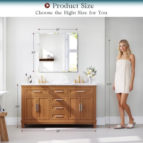 Frameless Bathroom Mirror, 30"x30" Beveled Bathroom Vanity Mirror