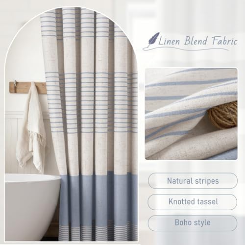 Light Blue Coastal Ocean Linen Striped Shower Curtain with Tassel 72W X 72L
