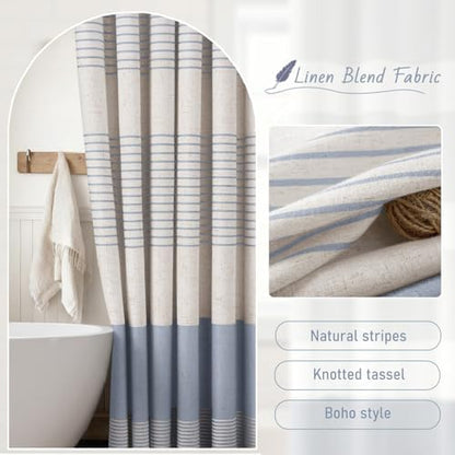 Light Blue Coastal Ocean Linen Striped Shower Curtain with Tassel 72W X 72L
