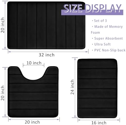 Bathroom Rugs Set Memory Foam Bath Rugs Non-Slip Bath Mat Set 3 Piece,Washable Bathroom Mats,Absorbent Shaggy Rugs Super Soft U-Shaped Toilet Rug,Bahroom Carpets for Bathroom,Tub,Shower（Black）