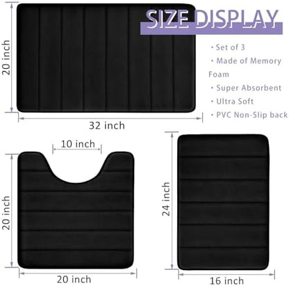 Bathroom Rugs Set Memory Foam Bath Rugs Non-Slip Bath Mat Set 3 Piece,Washable Bathroom Mats,Absorbent Shaggy Rugs Super Soft U-Shaped Toilet Rug,Bahroom Carpets for Bathroom,Tub,Shower（Black）