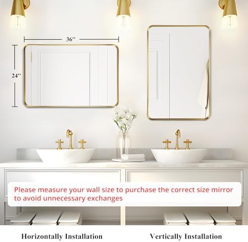 Gold Bathroom Vanity Mirror Over Sink 24x36, Large Wall Rectangle Mirror
