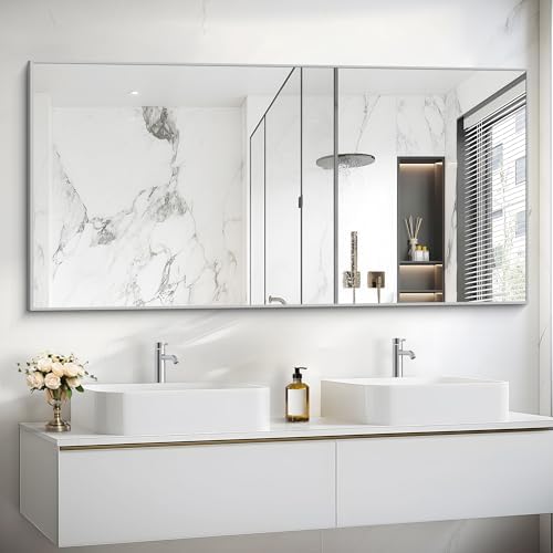 COFENY Silver Bathroom Mirror for Wall, 30x60 Inch Rectangle Mirrors with Metal Frame, Modern Vanity Large Wall Mirror for Bathroom Living Room, Entryway Hangs Horizontal or Vertical