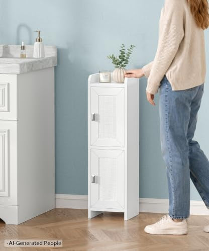 Akxomel Rattan Small Bathroom Cabinet Narrow Toilet Paper Organizer White