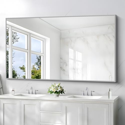 COFENY 36x60inch Brushed Nickel Bathroom Mirror, Silver Rectangle Mirror with Frame, Large Rectangular Wall Mirrors for Bathroom, Living Roomm, Hair Salon, Big Mirror Hang Horizontal/Vertical
