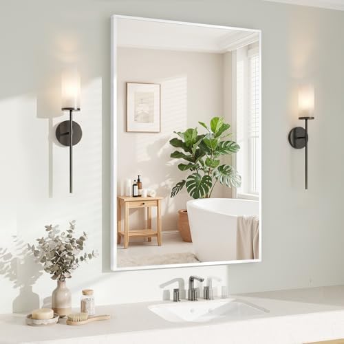 Koonmi White Rectangle Wall Mirror, 26x38 Inch Bathroom Mirror, Aluminum Frame Vanity Mirror for Entryway, Living Room, Bedroom Bathroom, Hangs Horizontally or Vertically