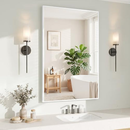 Koonmi White Rectangle Wall Mirror, 26x38 Inch Bathroom Mirror, Aluminum Frame Vanity Mirror for Entryway, Living Room, Bedroom Bathroom, Hangs Horizontally or Vertically