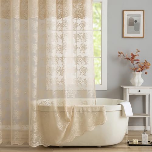 TUDECO Extra Long Beige Lace Shower Curtain with Valance, 72 x84 Inch