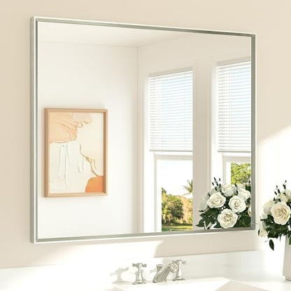 TETOTE Bathroom Mirror for Over Sink Brushed Nickel Beveled Frame 42" x 36" Rectangle Bathroom Vanity Wall Mirror, Tempered Glass, Stronger Frame, Modern Farmhouse Bedroom, Entryway, Living Room