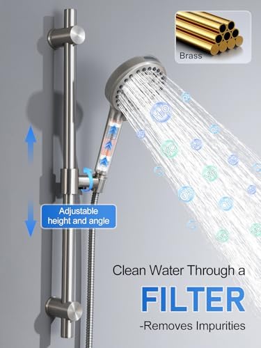 Woindo Shower Faucet Set with Slide Bar, 12" Rain Shower Head/8'' Side Shower Head and 10 Setting Handheld Ceiling Mount 3 Push Button Diverter Complete Rainfall Shower System Included Valve Trim Kit
