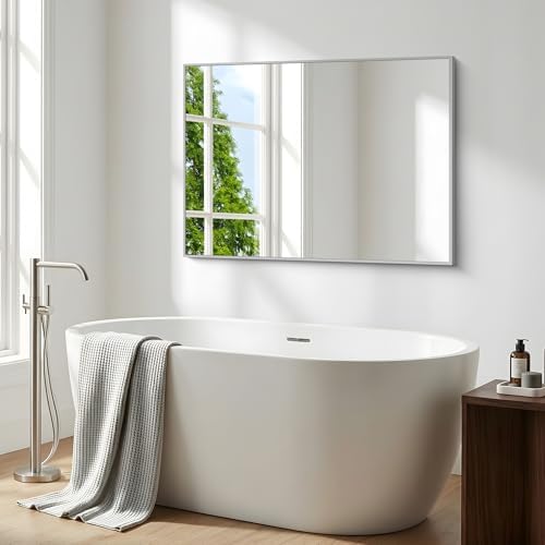 BONEWEI Silver Bathroom Mirror,30x42 inch Wall Mirror for Bathroom Wall Mounted,Rectangle Mirror for Bathroom Over Sink,Modern Metal Frame for Living Room,Bedroom Entryway,Horizontal/Vertical