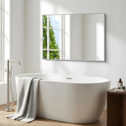 BONEWEI Silver Bathroom Mirror,30x42 inch Wall Mirror for Bathroom Wall Mounted,Rectangle Mirror for Bathroom Over Sink,Modern Metal Frame for Living Room,Bedroom Entryway,Horizontal/Vertical