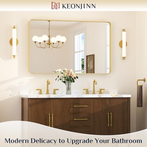 Keonjinn 48 x 30 Inch Brushed Gold Bathroom Vanity Mirror, Aluminum Frame