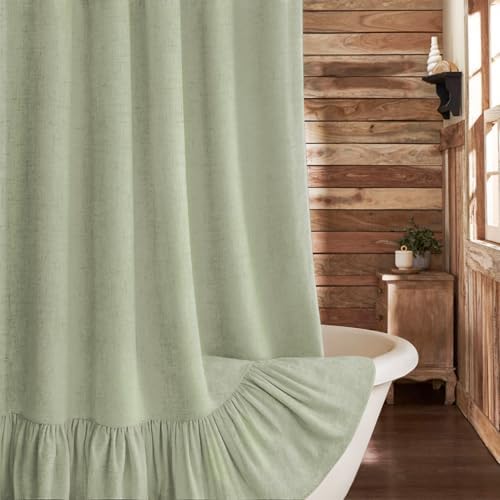 Farmhouse Shower Curtain Ruffle Linen Flax Green 72" W x 84" L