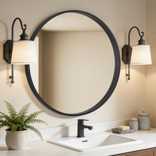 WallBeyond Round Wood Mirror, 32" Round Modern Decoration Large Circle Wall Mirror for Bathroom Living Room Bedroom Entryway, Black