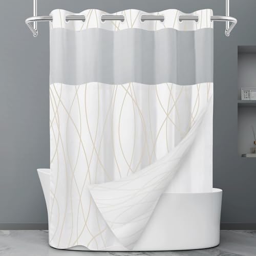 LXBNI Beige Khaki No Hook Shower Curtain with Liner, 71 x 77 Inch