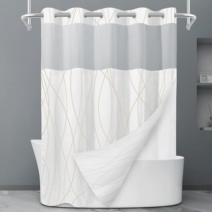 LXBNI Beige Khaki No Hook Shower Curtain with Liner, 71 x 77 Inch